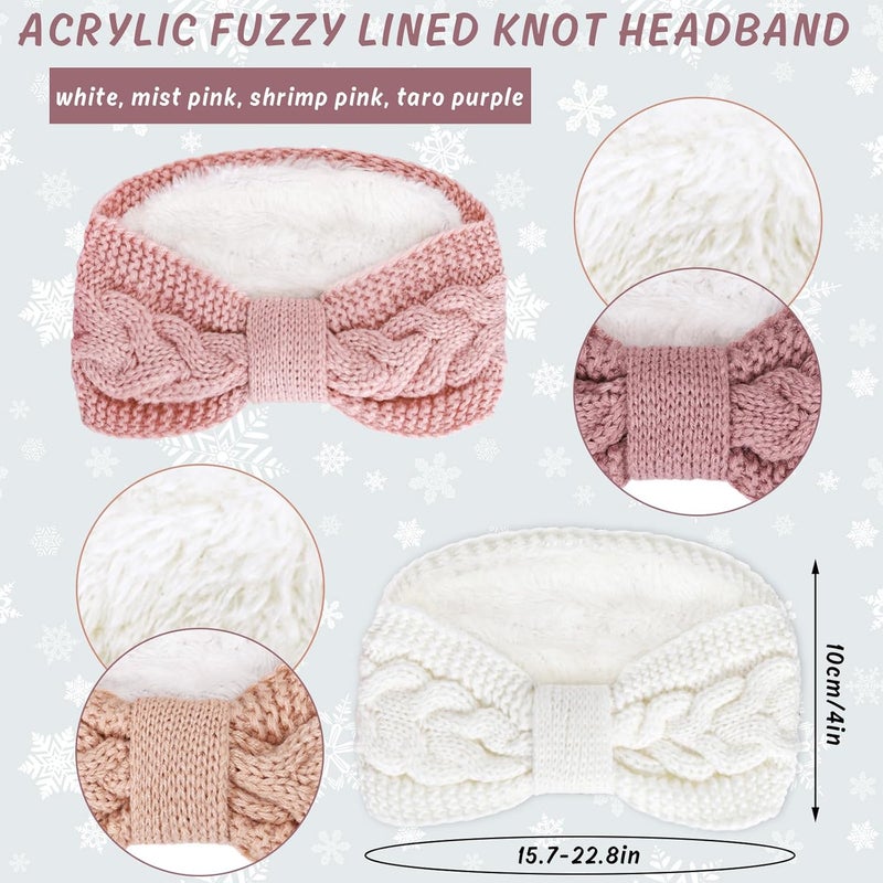 Whaline 4 Pack Twisted Knit Headband Winter Knotted Head Wraps Fuzzy Lined Headband Thick Crochet Turban Ear Warmer Elastic Hair Band Accessories for Women (White, Pink, Purple) - Image 2